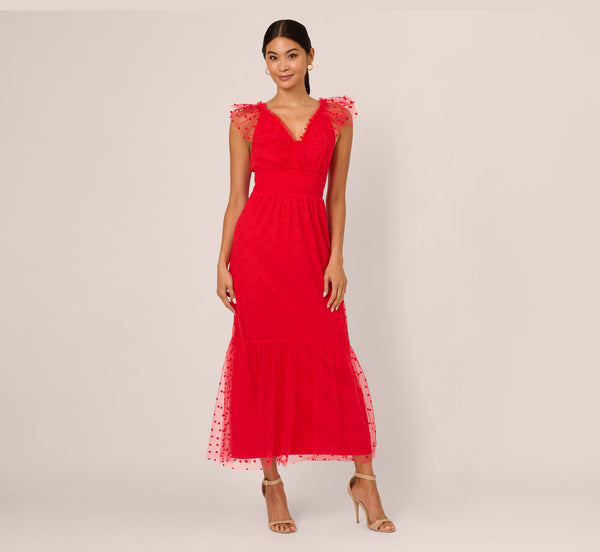 Adrianna Papell Dot Tulle Ruffle Dress In Red