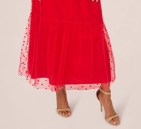 Adrianna Papell Dot Tulle Ruffle Dress In Red