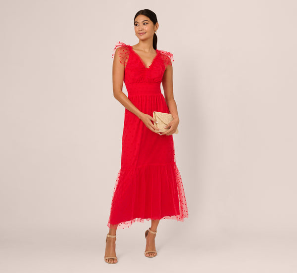 adrianna papell Dot Tulle Ruffle Dress In Red