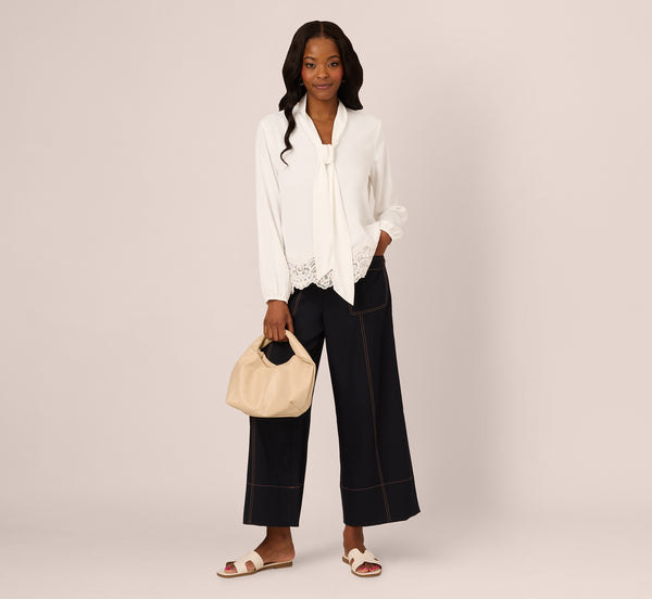 Adrianna Papell Lace Hem Tie Neck Blouse In Ivory