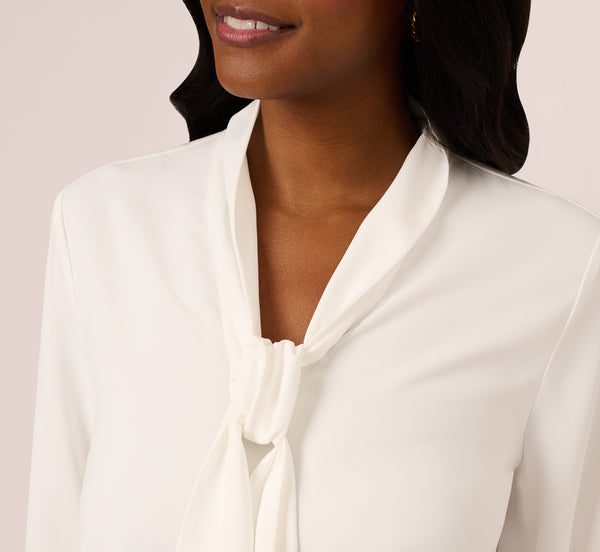 Adrianna Papell Lace Hem Tie Neck Blouse In Ivory