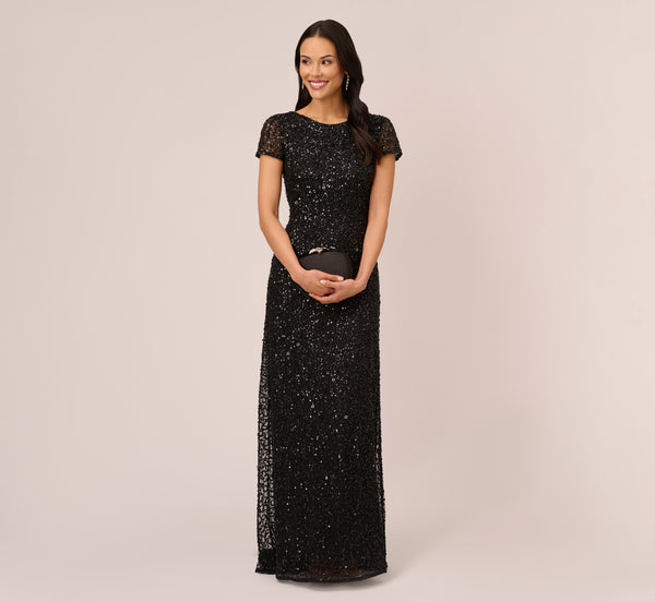 Adrianna Papell Scoop Back Sequin Gown In Black