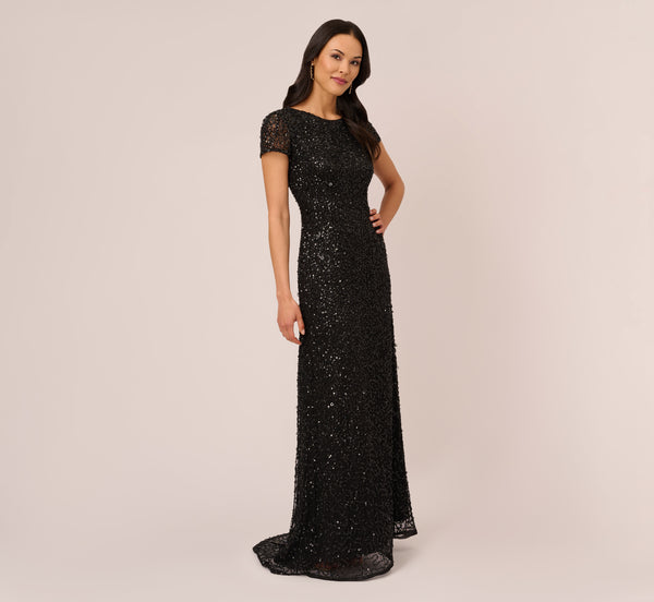 Adrianna Papell Scoop Back Sequin Gown In Black