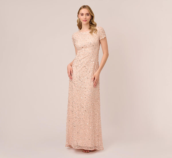 Adrianna Papell Scoop Back Sequin Gown In Blush