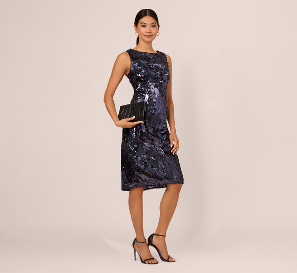 adrianna papell Sequin Sheath Dress In Navy