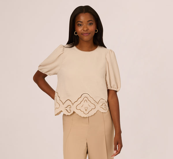 Adrianna Papell Airflow Eyelet Embroidered Woven Crop Top In Pebble