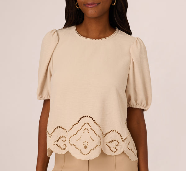 Adrianna Papell Airflow Eyelet Embroidered Woven Crop Top In Pebble
