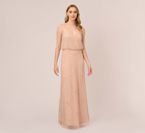 Adrianna Papell Art Deco Beaded Blouson Gown In Blush