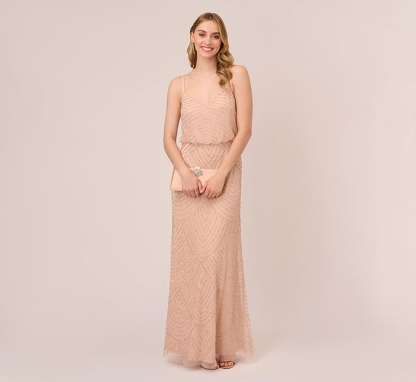 Adrianna Papell Art Deco Beaded Blouson Gown In Blush