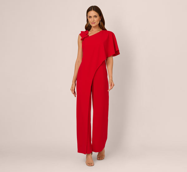 Adrianna Papell Asymmetrical 3D Floral Jumpsuit In Hot Pepper