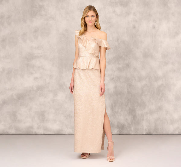 Adrianna Papell Asymmetrical Column Gown With Ruffle Details In Taupe