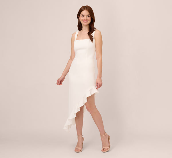 Adrianna Papell Asymmetrical Crepe Midi Dress With Flounce Hem In Ivory