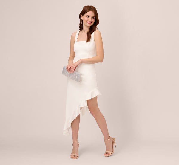 adrianna papell Asymmetrical Crepe Midi Dress With Flounce Hem In Ivory
