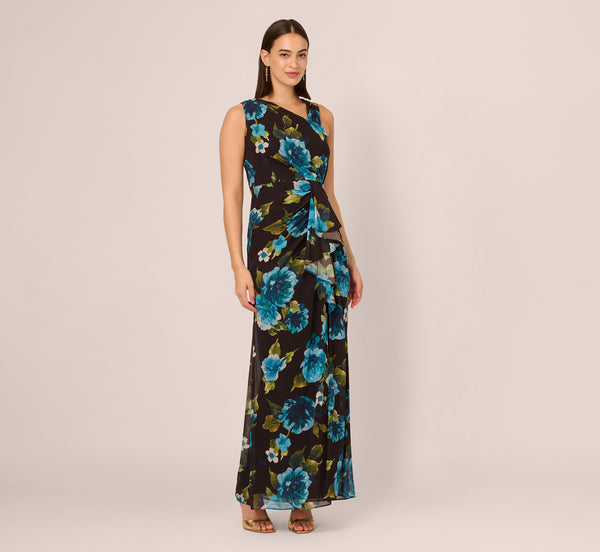 Adrianna Papell Asymmetrical Draped Floral Chiffon Gown In Black Multi