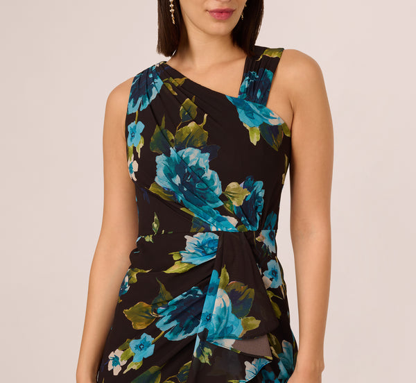 Adrianna Papell Asymmetrical Draped Floral Chiffon Gown In Black Multi