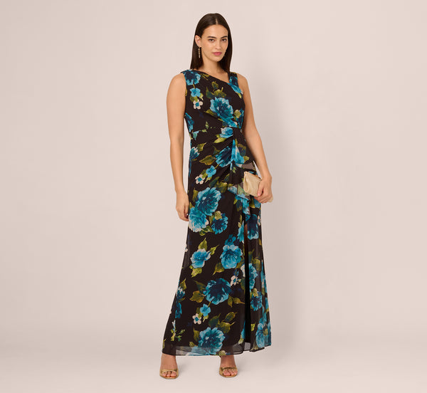 adrianna papell Asymmetrical Draped Floral Chiffon Gown In Black Multi