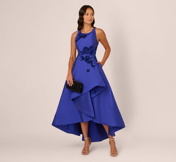 adrianna papell Bead Mikado High Low Long Dress In Ultra Blue