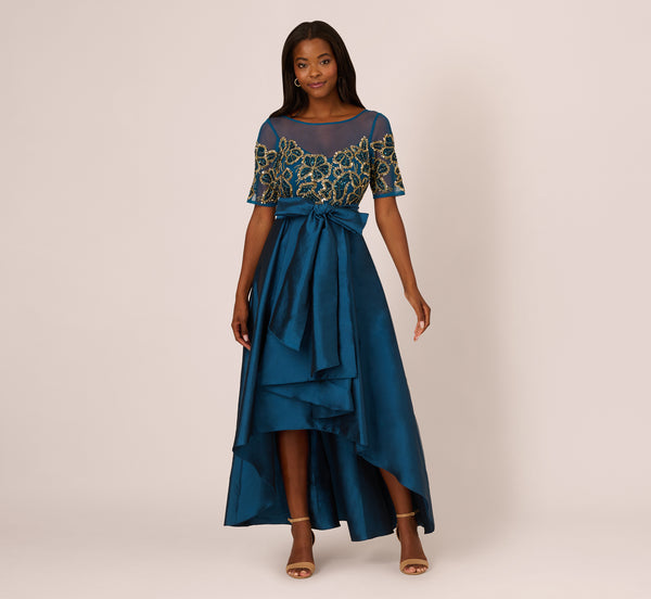 Adrianna Papell Bead Taffeta High Low Long Dress In Teal Sapphire Gold