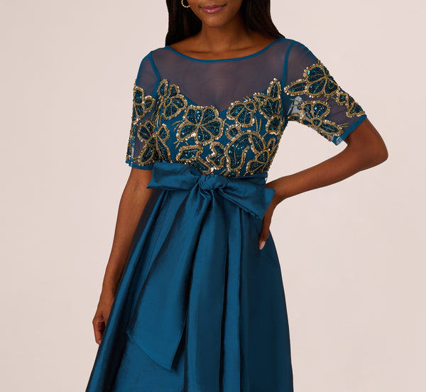 Adrianna Papell Bead Taffeta High Low Long Dress In Teal Sapphire Gold