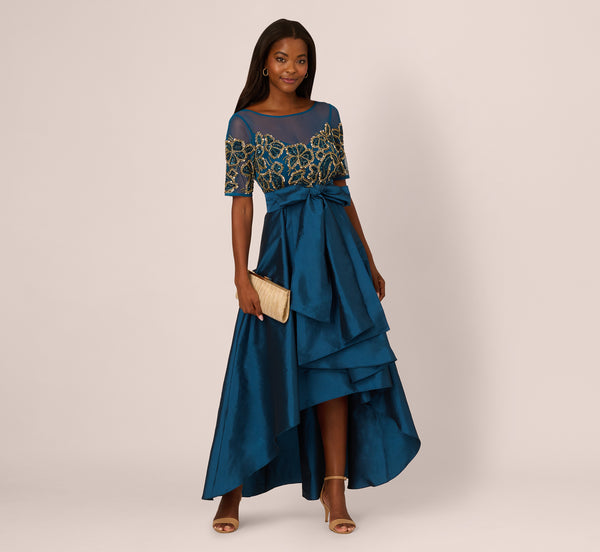adrianna papell Bead Taffeta High Low Long Dress In Teal Sapphire Gold