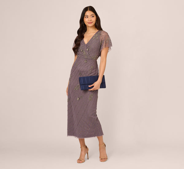 Adrianna Papell Beaded Ankle Length Dress With Sheer Flutter Sleeves In Moonscape