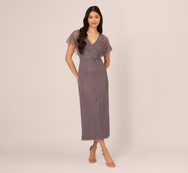 Adrianna Papell Beaded Ankle Length Dress With Sheer Flutter Sleeves In Moonscape