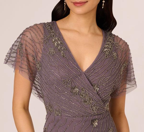 Adrianna Papell Beaded Ankle Length Dress With Sheer Flutter Sleeves In Moonscape