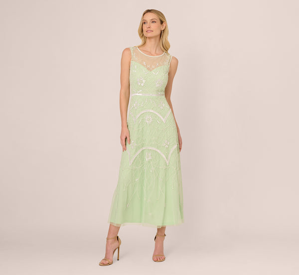 Adrianna Papell Beaded Ankle-Length Dress With Sheer Neckline In Aloe Mist Ivory