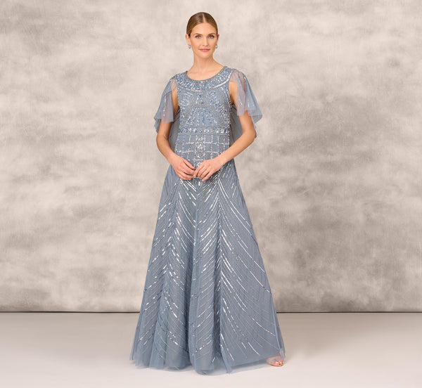 Adrianna Papell Beaded Ball Gown With Cape Sleeves In Vintage Blue