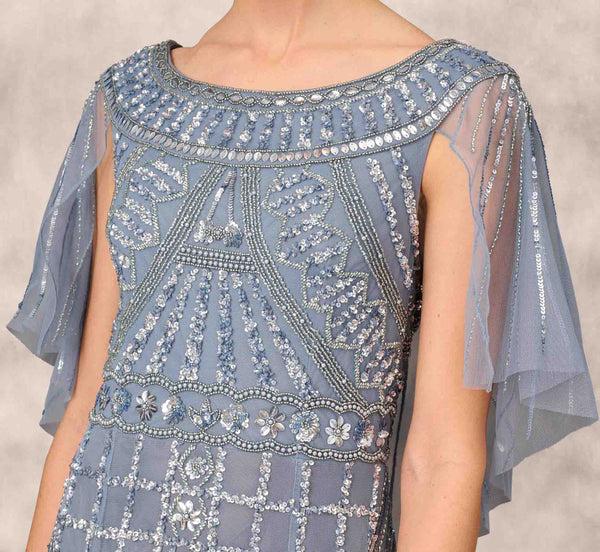 Adrianna Papell Beaded Ball Gown With Cape Sleeves In Vintage Blue