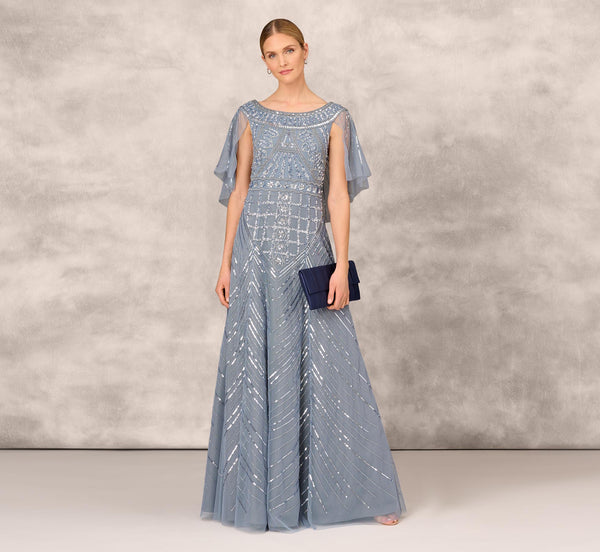 adrianna papell Beaded Ball Gown With Cape Sleeves In Vintage Blue
