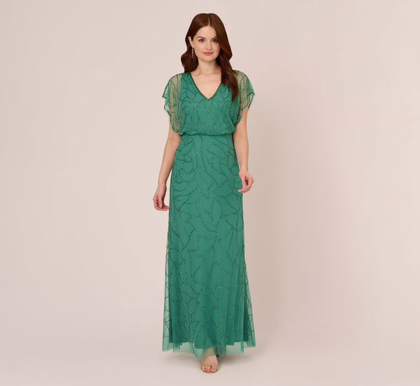 Adrianna Papell Beaded Blouson Mermaid Gown With Sheer Dolman Sleeves In Jungle Green