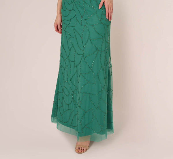 Adrianna Papell Beaded Blouson Mermaid Gown With Sheer Dolman Sleeves In Jungle Green