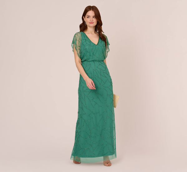 adrianna papell Beaded Blouson Mermaid Gown With Sheer Dolman Sleeves In Jungle Green