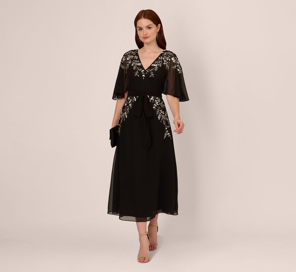 Adrianna Papell Beaded Chiffon Ankle Length Gown With Dolman Sleeves In Black
