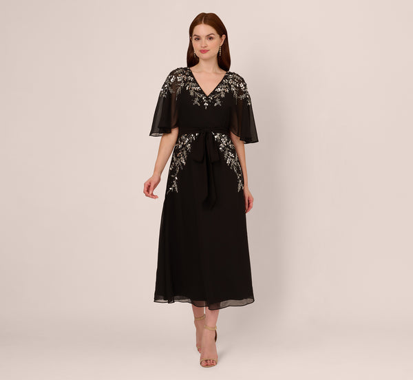 Adrianna Papell Beaded Chiffon Ankle Length Gown With Dolman Sleeves In Black