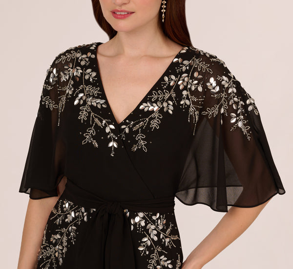 Adrianna Papell Beaded Chiffon Ankle Length Gown With Dolman Sleeves In Black