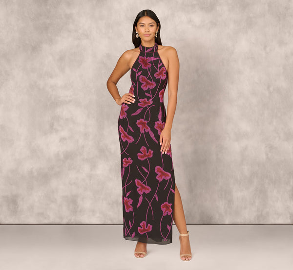 Adrianna Papell Beaded Floral Halter Column Gown With Mock Neck In Black Multi