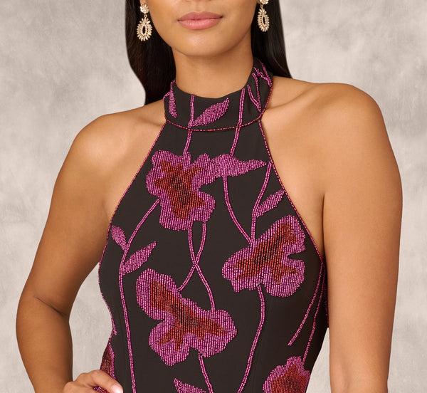 Adrianna Papell Beaded Floral Halter Column Gown With Mock Neck In Black Multi