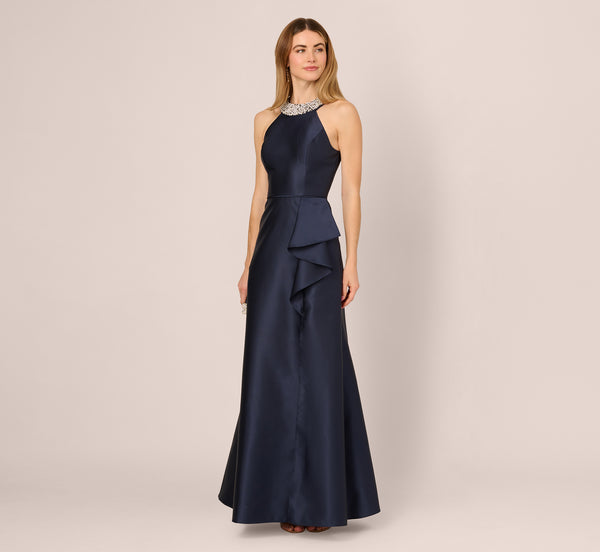 adrianna papell Beaded Halter Draped Mikado Gown In Midnight