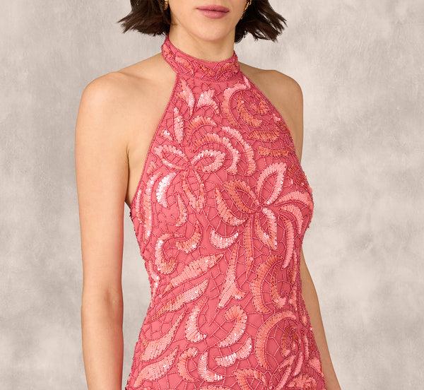 Adrianna Papell Beaded Halter Midi Sheath Dress In Summer Rose