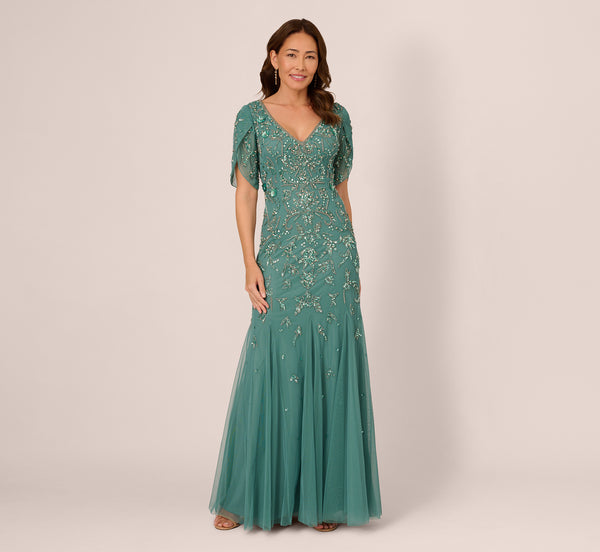 Adrianna Papell Beaded Mermaid Gown With Sheer Petal Sleeves In Green Slate