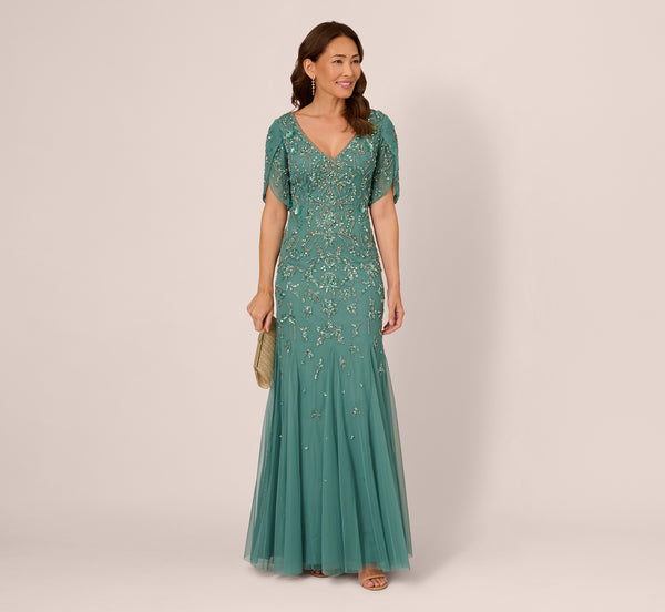 Adrianna Papell Beaded Mermaid Gown With Sheer Petal Sleeves In Green Slate