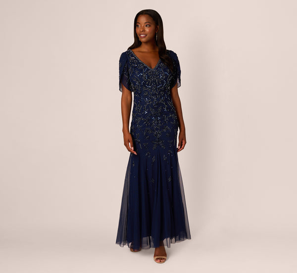 Adrianna Papell Beaded Mermaid Gown With Sheer Petal Sleeves In Light Navy