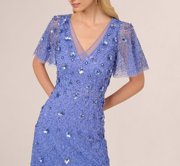 Adrianna Papell Beaded Mesh Flutter Sleeve Midi Dress In Peri Blue