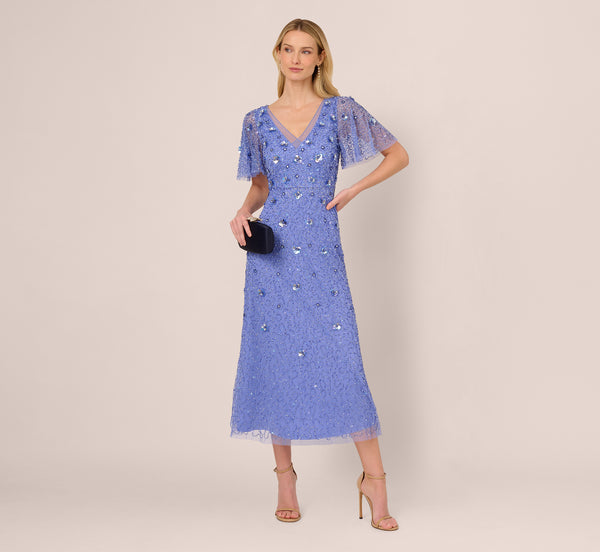 adrianna papell Beaded Mesh Flutter Sleeve Midi Dress In Peri Blue