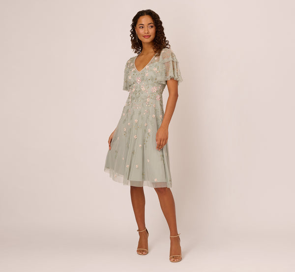 Adrianna Papell Beaded Midi Dress With Sheer Ruffled Sleeves In Frosted Sage