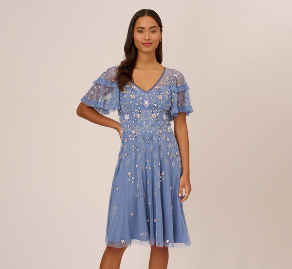 Adrianna Papell Beaded Midi Dress With Sheer Ruffled Sleeves In French Blue