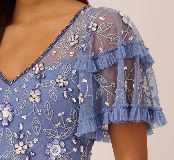 Adrianna Papell Beaded Midi Dress With Sheer Ruffled Sleeves In French Blue