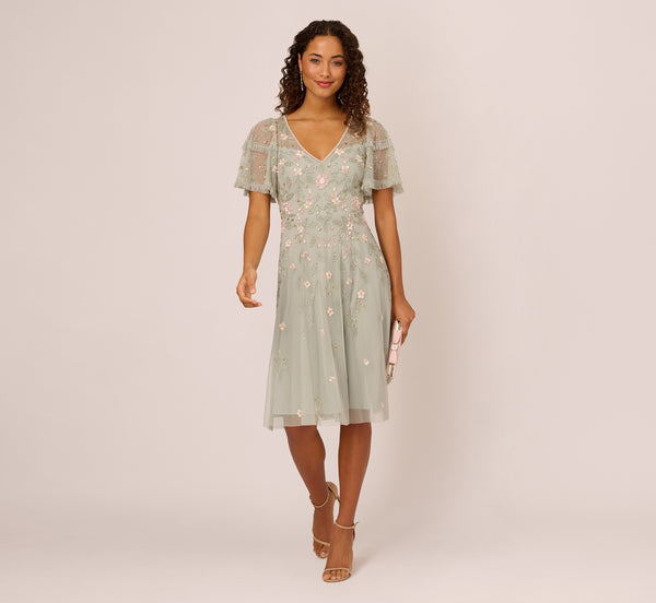 adrianna papell Beaded Midi Dress With Sheer Ruffled Sleeves In Frosted Sage